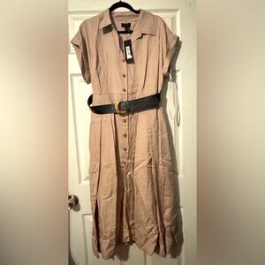 Tan Midi Shirt Dress with Notched Collar and Short Sleeves
